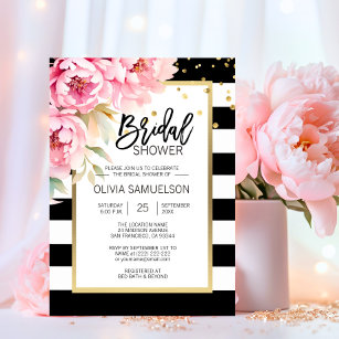 Black White Watercolor Pink Floral Bridal Shower Invitation