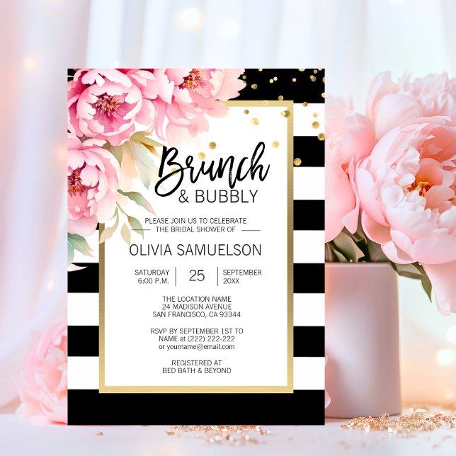 Black White Watercolor Pink Floral Brunch & Bubbly Invitation (Black White Watercolor Pink Floral Brunch & Bubbly Invitation)