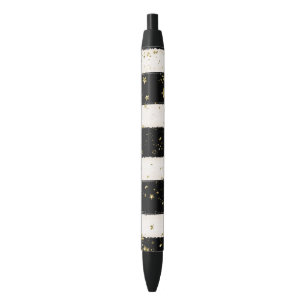 Black White Watercolor Stripes Gold Glitter Stars Black Ink Pen