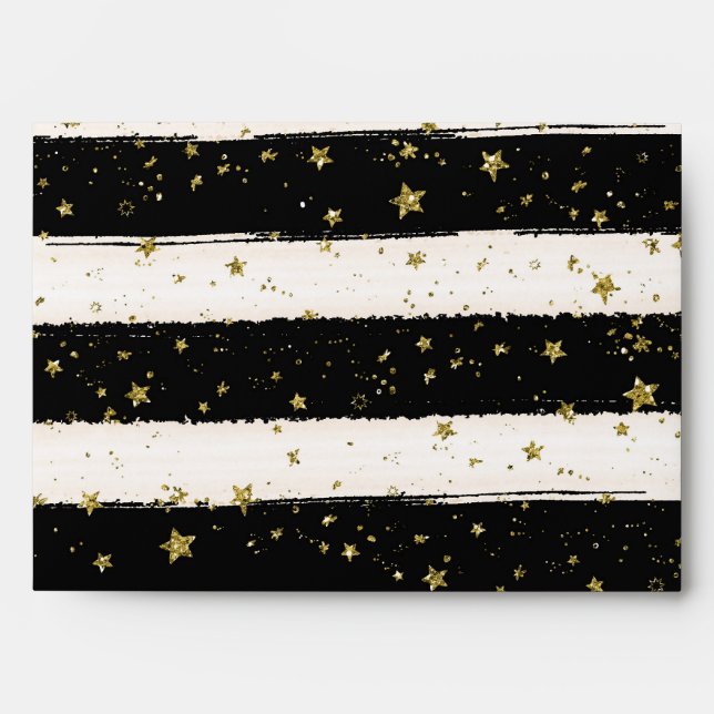 Black White Watercolor Stripes Gold Glitter Stars Envelopes (Front)