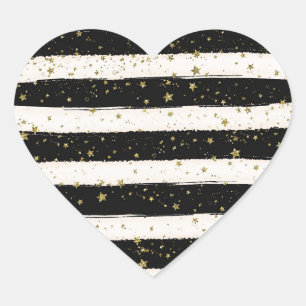 Black White Watercolor Stripes Gold Glitter Stars Heart Sticker