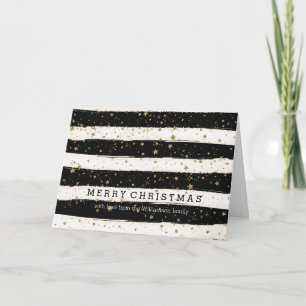 Black White Watercolor Stripes Gold Glitter Stars Holiday Card