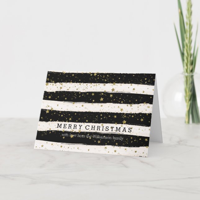 Black White Watercolor Stripes Gold Glitter Stars Holiday Card (Front)