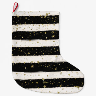 Black White Watercolor Stripes Gold Glitter Stars Large Christmas Stocking