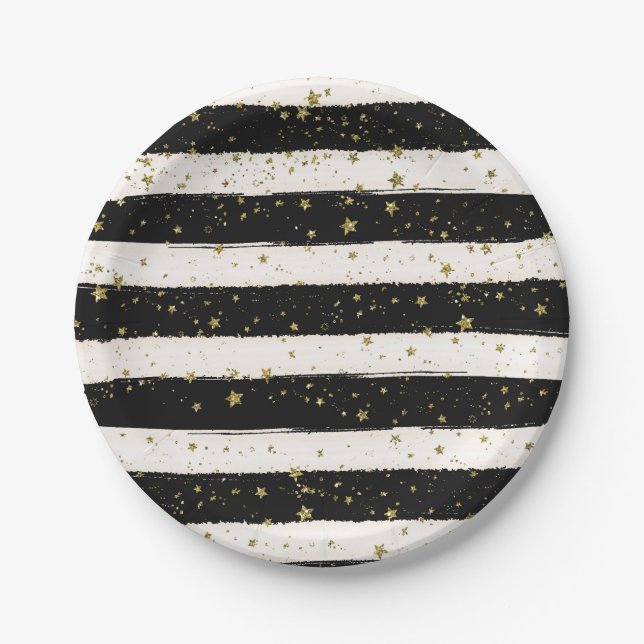 Black White Watercolor Stripes Gold Glitter Stars Paper Plate (Front)