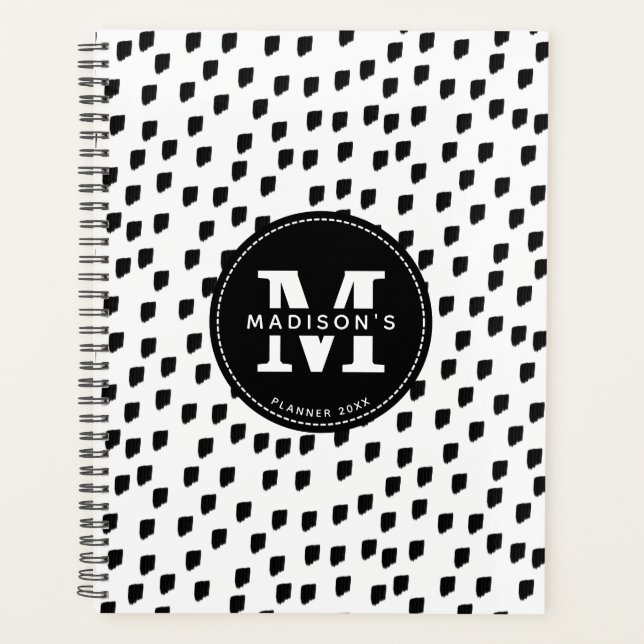 Black White Watercolor Stripes Monogram Planner (Front)