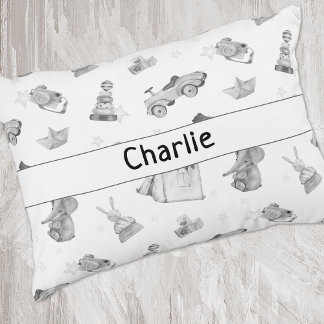 Black & White Watercolor Vintage Toys Pattern Decorative Cushion