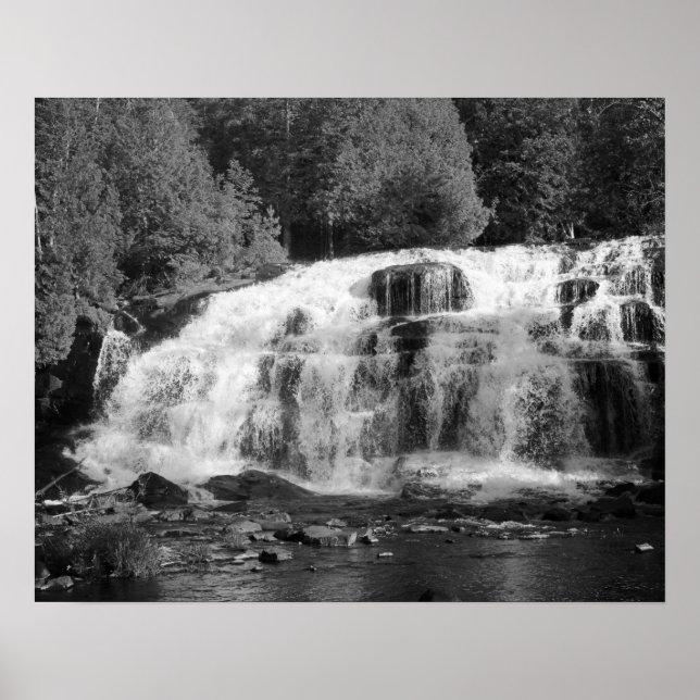 Black & White Waterfalls Surrounded by Trees 16x20 Poster (Front)