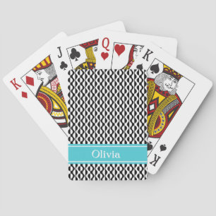 Black & White Waves Retro Pattern w/ Aqua Band Playing Cards