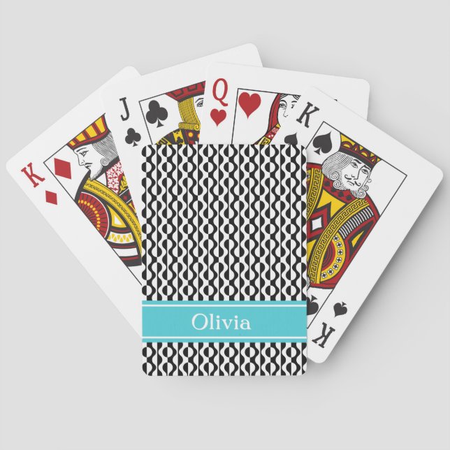 Black & White Waves Retro Pattern w/ Aqua Band Playing Cards (Back)