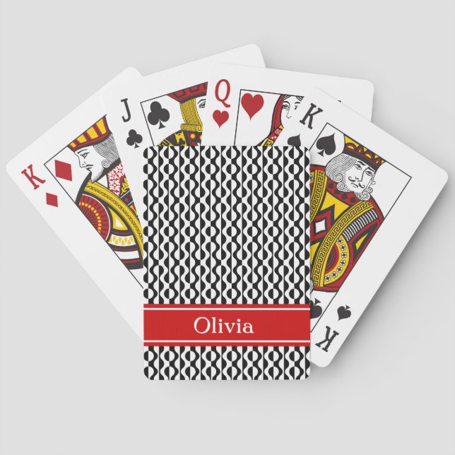 Black & White Waves Retro Pattern w/ Red Band Playing Cards (Back)