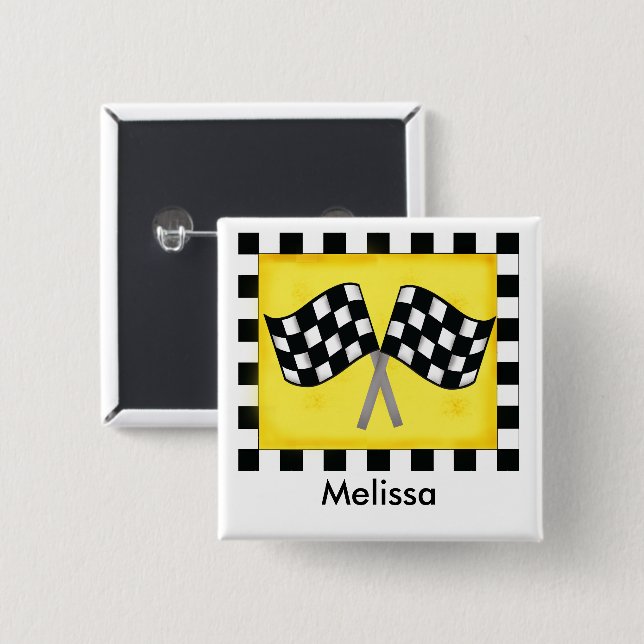 Black White Waving Chequered Flag Name Badge (Front & Back)
