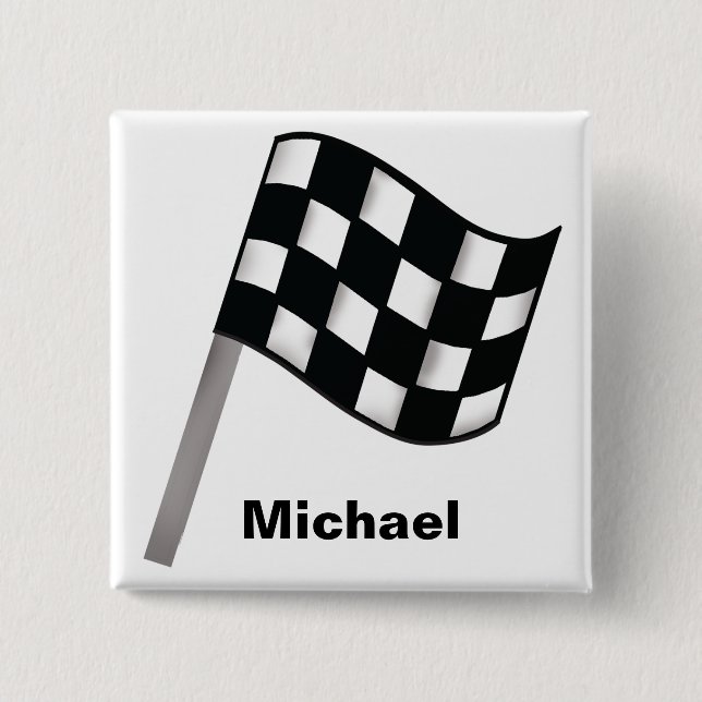 Black White Waving Chequered Flag Name Badge (Front)