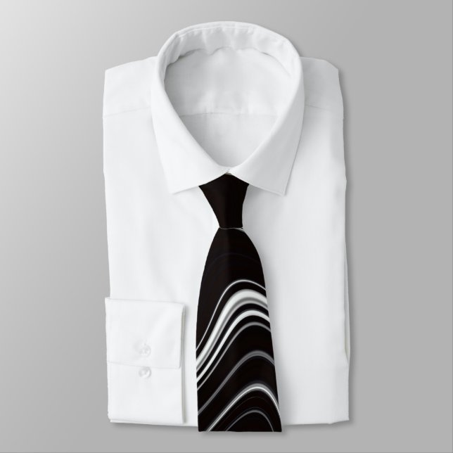 Black & White Wavy Abstraction Tie (Tied)