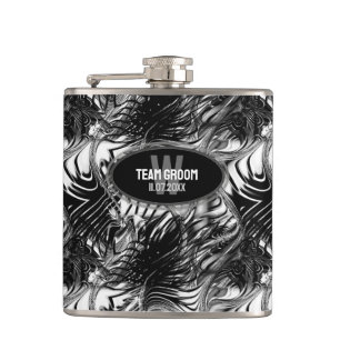 Black White Wavy Pattern Groomsmen Gift Hip Flask