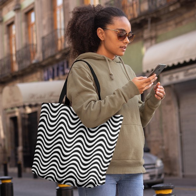 Black White Wavy Stripes Psychedelic Hypnotic Tote Bag (Black White Wavy Stripes Psychedelic Hypnotic Tote Bag, large tote bag, shopping bag, pattern)