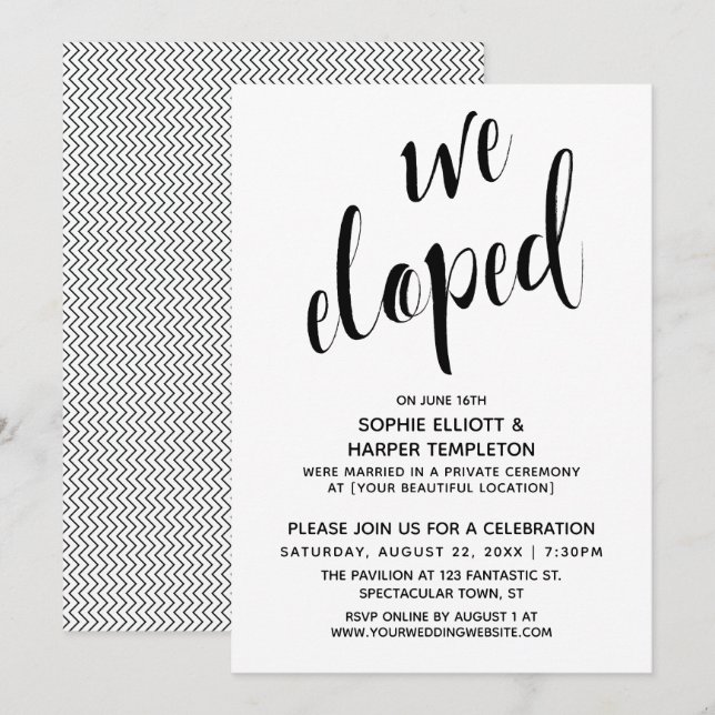 Black & White We Eloped Typography Celebration Invitation (Front/Back)