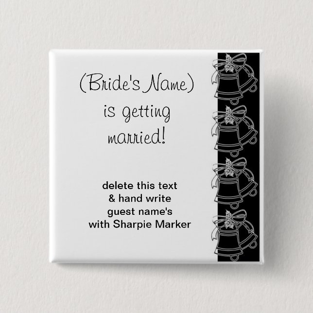 Black White Wedding Bells Bridal Shower Name Pins (Front)