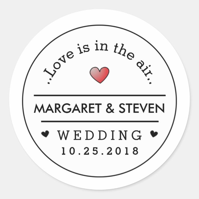 Black White Wedding Custom Names & Date Red Heart Classic Round Sticker (Front)