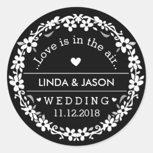 Black & White Wedding Custom Names Love Date Classic Round Sticker