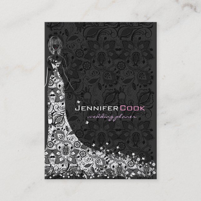 Black & White Wedding Dress & Vintage Lace Business Card (Front)