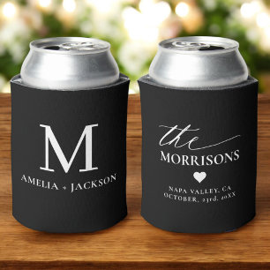Black White Wedding Favour Monogram Name Heart Can Cooler
