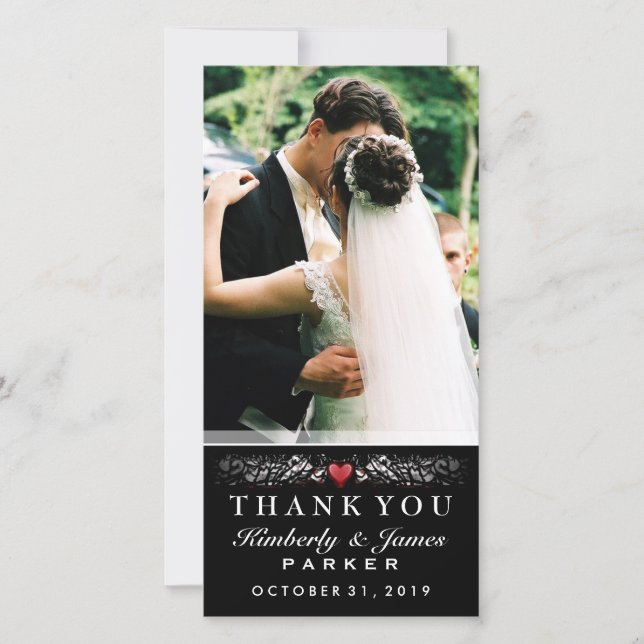 Black & White Wedding Heart Photo Thank You Card (Front)