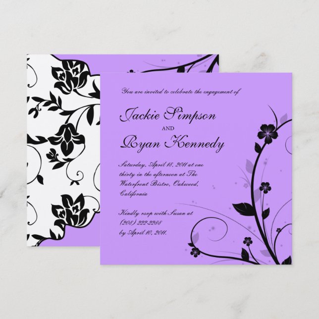 Black White Wedding Invite Floral Purple Silver (Front/Back)