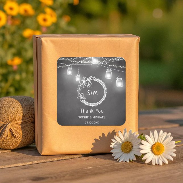 Black White Wedding Mason Jar Chalkboard Square Sticker (Creator Uploaded)