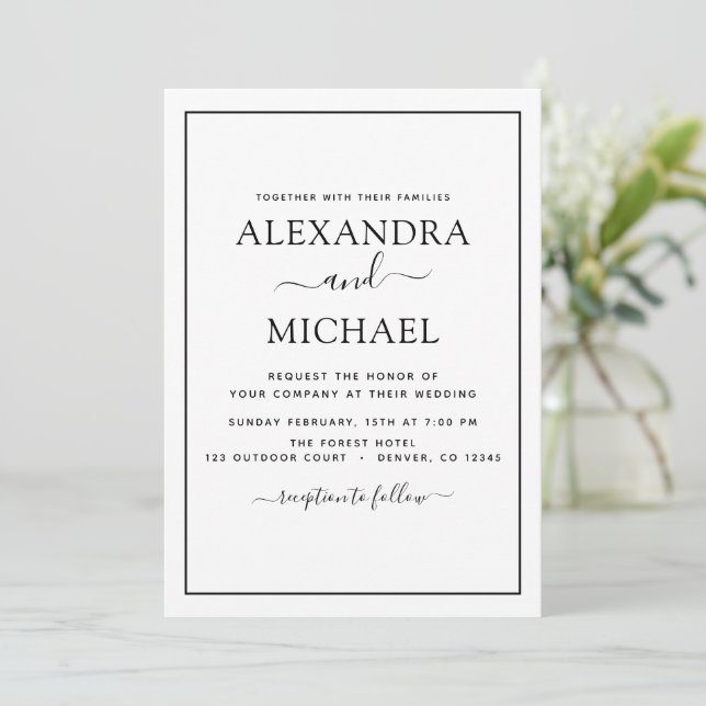Black White Wedding Modern Typography Invitation (Standing Front)