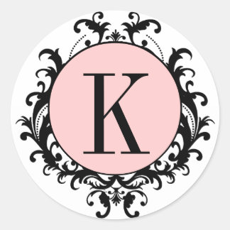 Black White Wedding Monogram K Damask Pink Label