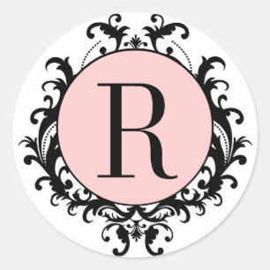 Black White Wedding Monogram R Damask Pink Label
