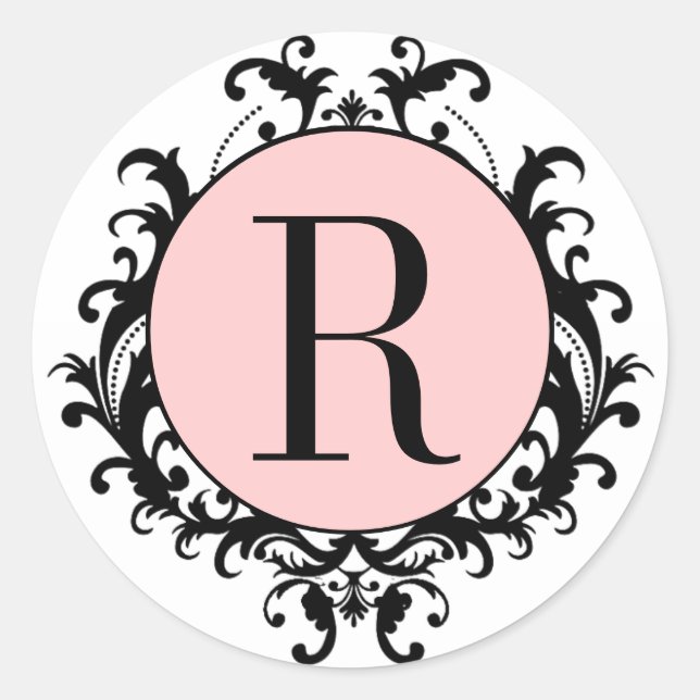 Black White Wedding Monogram R Damask Pink Label (Front)
