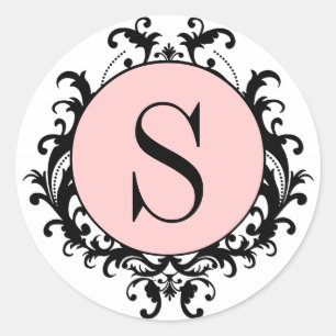 Black White Wedding Monogram S Damask Pink Label