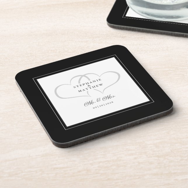 Black & White Wedding Mr & Mrs Elegant Chic Hearts Coaster (Left Side)