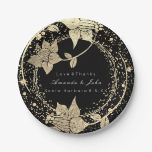 Black White Wedding Party Gold Floral Wreath Paper Plate