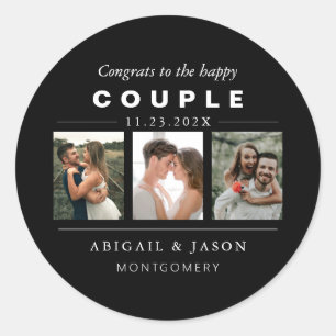 Black White Wedding Photo Collage Happy Couple Classic Round Sticker