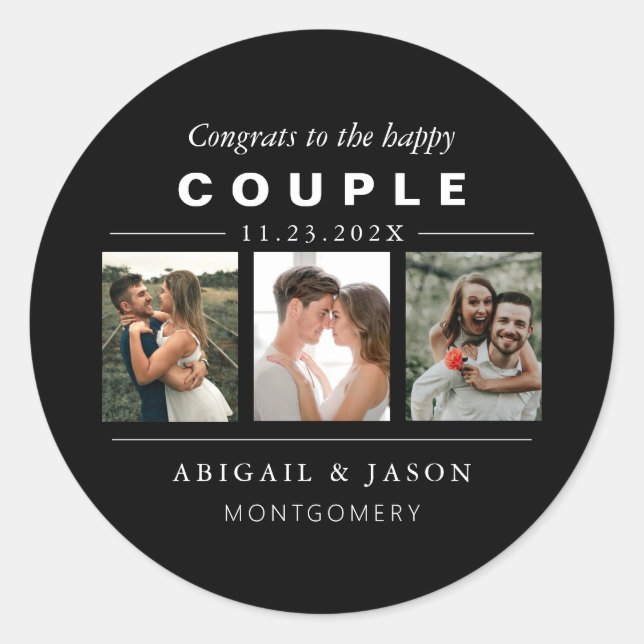 Black White Wedding Photo Collage Happy Couple Classic Round Sticker (Front)
