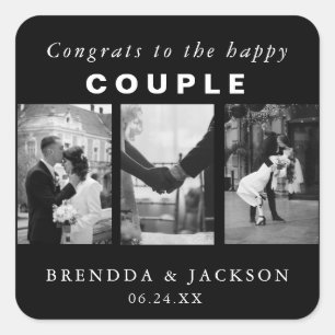 Black White Wedding Photo Collage Happy Couple Square Sticker