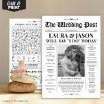 Black White Wedding Program   Timeline Newspaper Holiday Card<br><div class="desc">Make your wedding stand out from the ordinary with this beautiful classic newspaper program. Looking for a unique way to display your wedding program? Your guests will be impressed and will enjoy reading your special wedding newspaper. The timeline icons can be moved to customise the program according to your planned...</div>