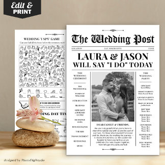 Black White Wedding Program + Timeline Newspaper Holiday Card