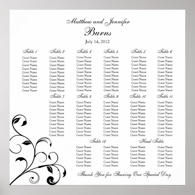Black & White Wedding Reception Seating Chart (Front)