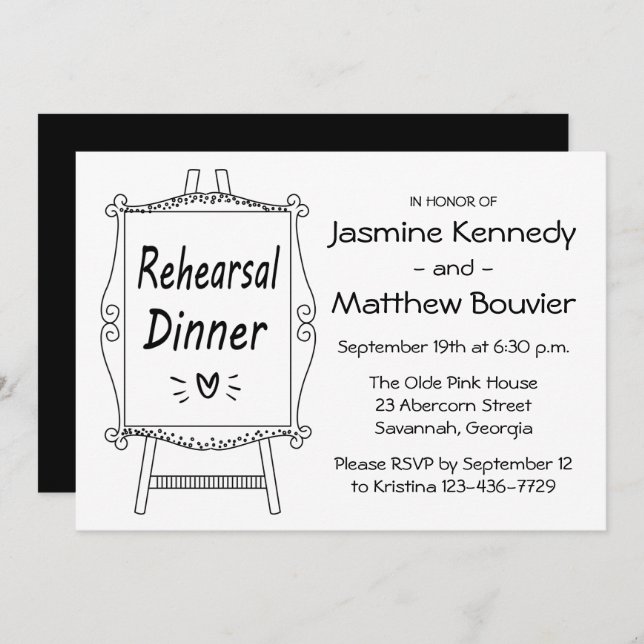 Black & White Wedding Rehearsal Dinner Easel Sign Invitation (Front/Back)