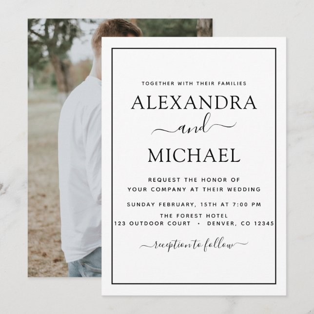 Black White Wedding Romantic Photo Invitation (Front/Back)