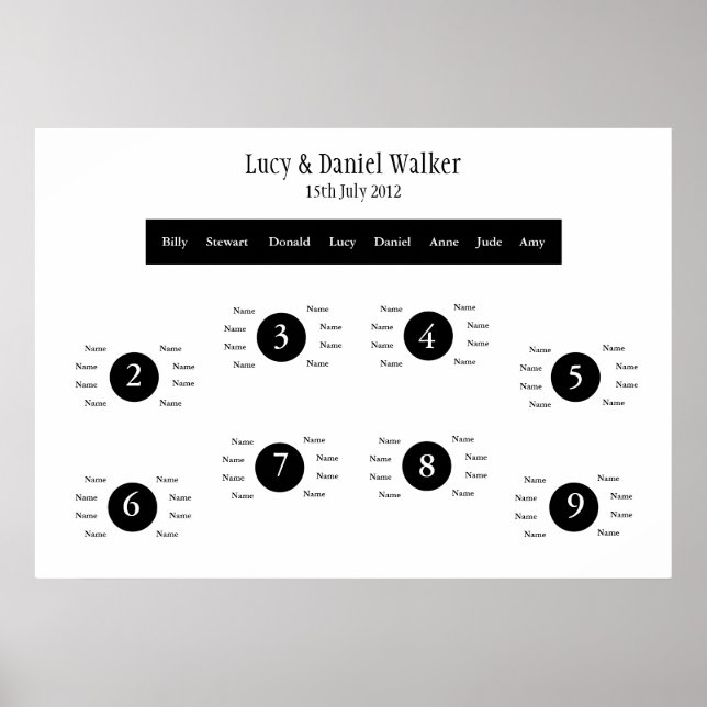 Black & White Wedding Seating Table Plan Poster (Front)