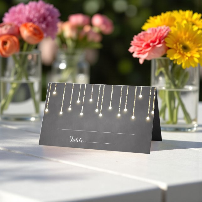 Black White Wedding String Lights Chalkboard Place Card (Creator Uploaded)