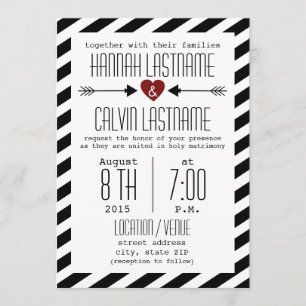 Black & White Wedding Stripes - Red Heart + Arrows Invitation
