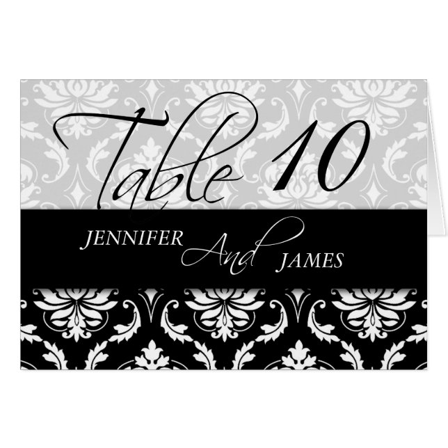 Black White Wedding Table Number Cards Damask (Front Horizontal)