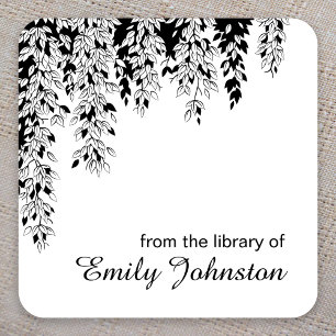 Black White Weeping Birch Tree Branch Bookplate Square Sticker