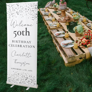 Black White Welcome Birthday 50th Party Elegant Retractable Banner